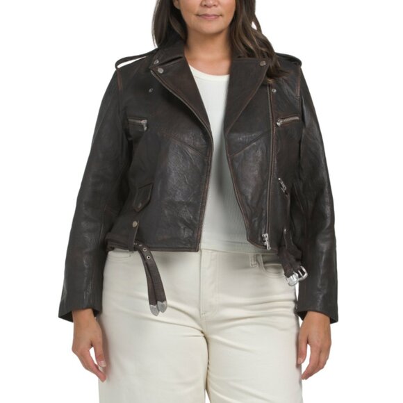 AVEC LES FILLES Cognac Plus Leather Relaxed Moto Jacket - Picture 1 of 2